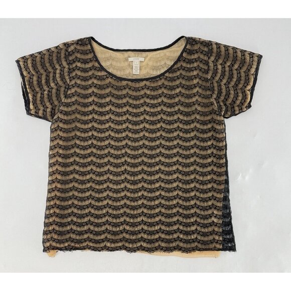 J.Crew Factory Black & Beige‎ Lace Overlay Blouse Short Sleeve Shirt Nylon Sz Sm - Picture 3 of 9